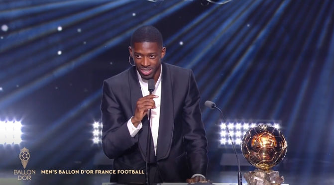 Dembélé hạnh phúc chia sẻ cảm xúc sau khi nhận Quả bóng Vàng 2025.