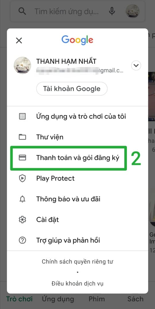 Chọn Thanh toán và gói đăng ký