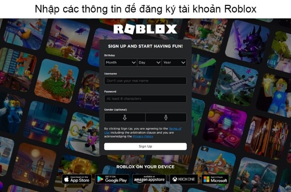 Điền thông tin đăng ký tài khoản Roblox của bạn