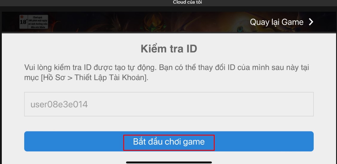 Kiểm tra ID và nhấn Bắt đầu chơi game