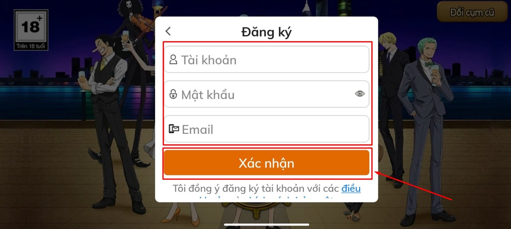 Nhấn vào nút Xác nhận để đăng ký acc Gomu Huyền Thoại