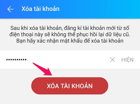 Nhập mật khẩu và xóa tài khoản